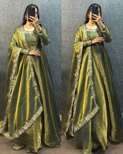 Vintage Green Fendy Silk Jacquard Gown with Embroidered Sequin Dupatta Ready To Wear Collection