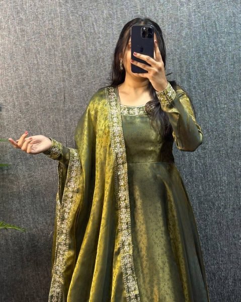 Vintage Green Fendy Silk Jacquard Gown with Embroidered Sequin Dupatta Ready To Wear Collection