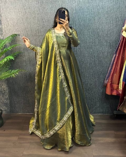 Vintage Green Fendy Silk Jacquard Gown with Embroidered Sequin Dupatta Ready To Wear Collection