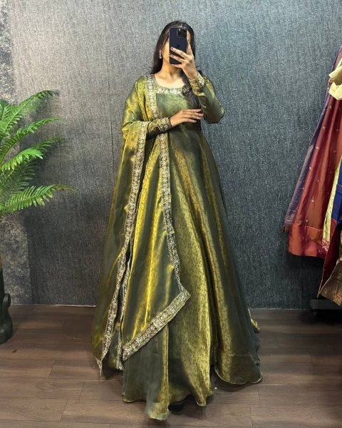Vintage Green Fendy Silk Jacquard Gown with Embroidered Sequin Dupatta Ready To Wear Collection