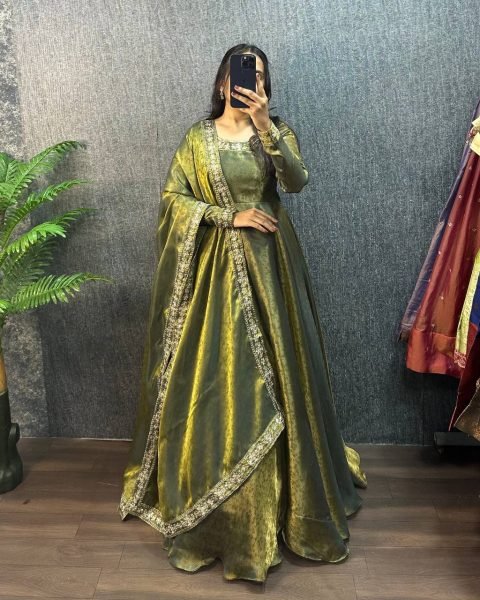 Vintage Green Fendy Silk Jacquard Gown with Embroidered Sequin Dupatta Ready To Wear Collection