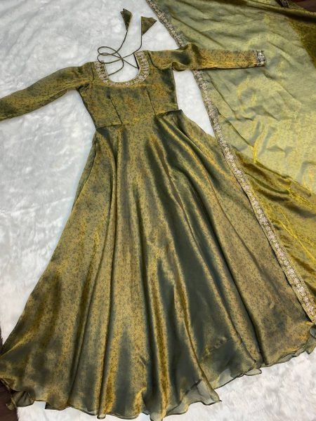 Vintage Green Fendy Silk Jacquard Gown with Embroidered Sequin Dupatta Ready To Wear Collection