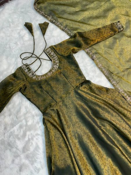 Vintage Green Fendy Silk Jacquard Gown with Embroidered Sequin Dupatta Ready To Wear Collection