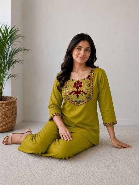Vintage Green Rayon Slub Embroidered Two-Piece Co-Ord Set at Manufacturer Rate CO ORD Sets