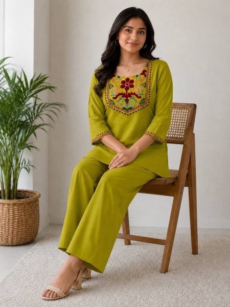 Vintage Green Rayon Slub Embroidered Two-Piece Co-Ord Set at Manufacturer Rate CO ORD Sets
