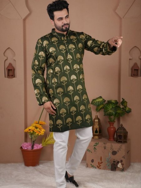 Vintage Green Wedding Special Mens Kurta Pajama with Heavy Embroidery 