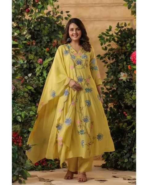 Vintage Lemon Yellow Viscose Chanderi Embroidered Kurti Set with Designer Dupatta for Reseller   Straight Cut Long Kurtis