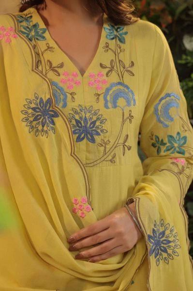 Vintage Lemon Yellow Viscose Chanderi Embroidered Kurti Set with Designer Dupatta for Reseller   Straight Cut Long Kurtis
