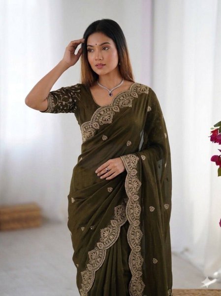 Vintage Mahensi Green Georgette Embroidery Saree for Party Wear Women Embroidery Sarees Wholesale