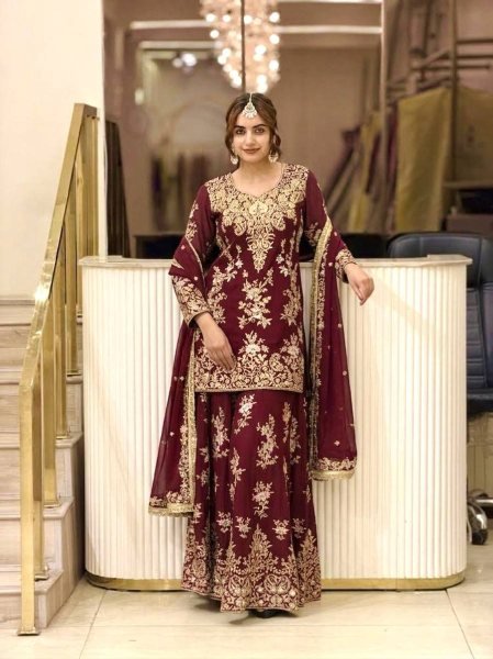 Vintage Maroon Festive Wear Faux Georgette Top Palazzo Suit with Lace Border for Bulk Order Ready To Wear Collection