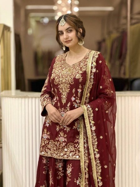 Vintage Maroon Festive Wear Faux Georgette Top Palazzo Suit with Lace Border for Bulk Order Ready To Wear Collection