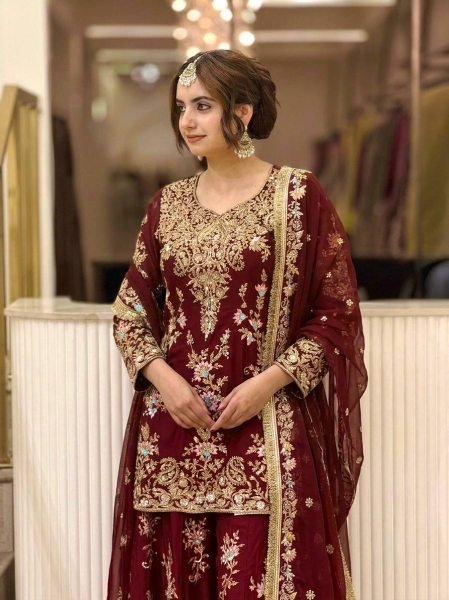 Vintage Maroon Festive Wear Faux Georgette Top Palazzo Suit with Lace Border for Bulk Order Ready To Wear Collection