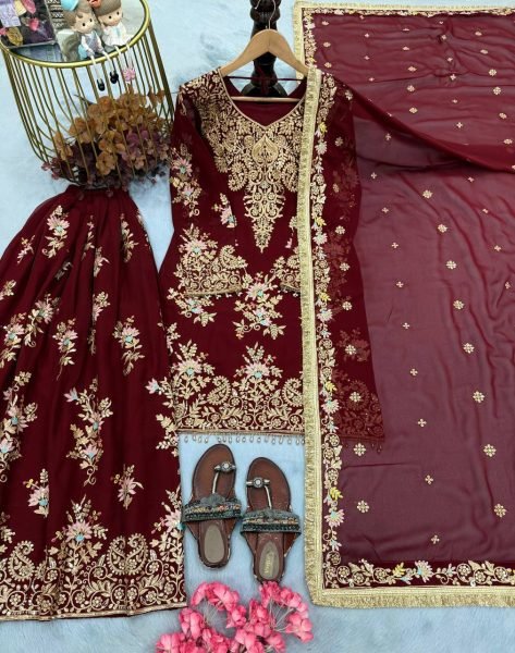 Vintage Maroon Festive Wear Faux Georgette Top Palazzo Suit with Lace Border for Bulk Order Ready To Wear Collection
