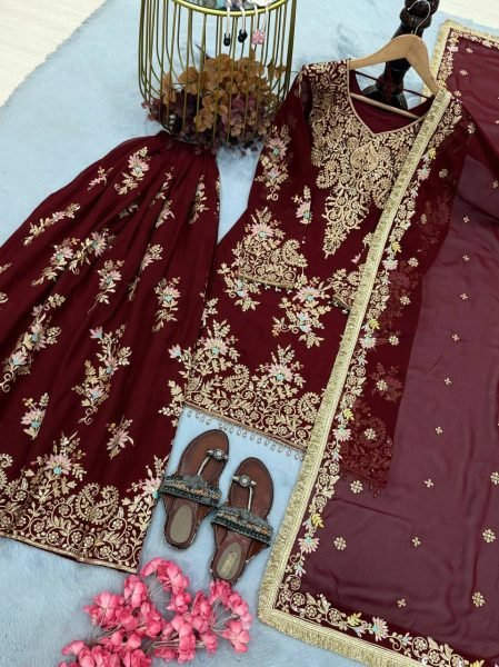Vintage Maroon Festive Wear Faux Georgette Top Palazzo Suit with Lace Border for Bulk Order Ready To Wear Collection