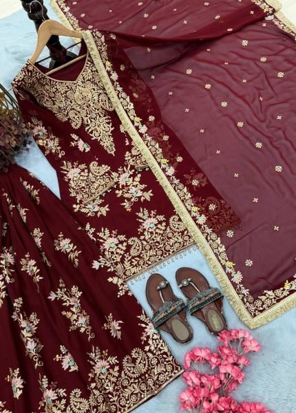 Vintage Maroon Festive Wear Faux Georgette Top Palazzo Suit with Lace Border for Bulk Order Ready To Wear Collection