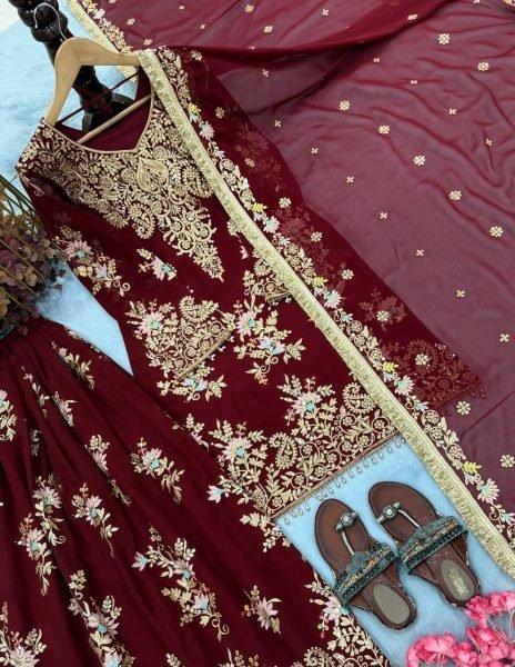 Vintage Maroon Festive Wear Faux Georgette Top Palazzo Suit with Lace Border for Bulk Order Ready To Wear Collection