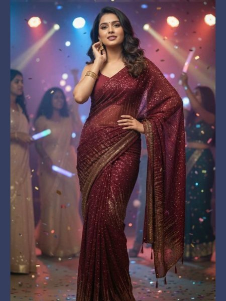 Vintage Maroon Georgette Sequinned Saree with Embroidery Work Sarees 