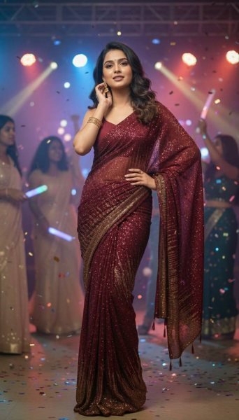Vintage Maroon Georgette Sequinned Saree with Embroidery Work Bollywood Fancy Sarees Wholesale