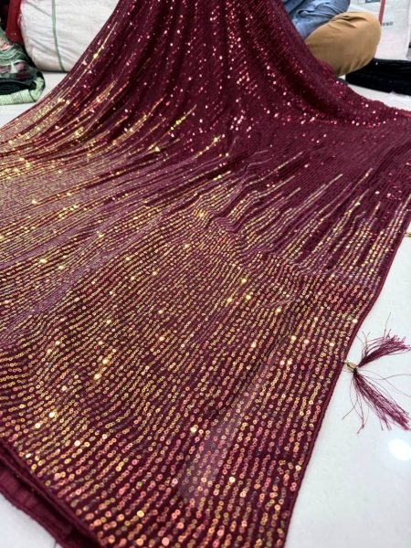 Vintage Maroon Georgette Sequinned Saree with Embroidery Work Bollywood Fancy Sarees Wholesale