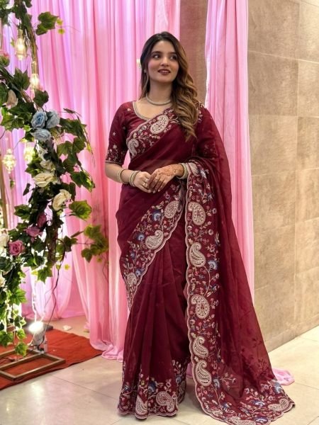 Vintage Maroon Soft Silk Saree with Embroidery Cutwork Aarco Border for Wedding Sarees 