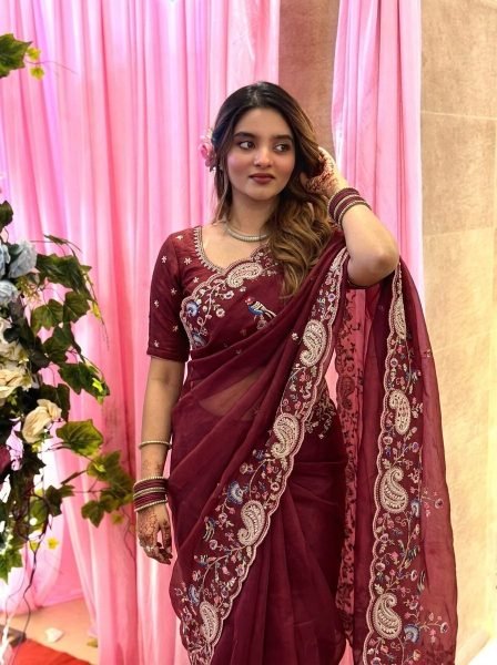 Vintage Maroon Soft Silk Saree with Embroidery Cutwork Aarco Border for Wedding Silk Sarees Wholesale