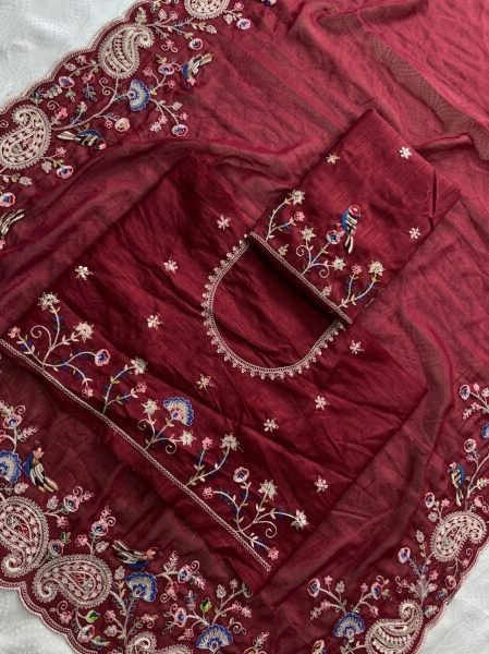 Vintage Maroon Soft Silk Saree with Embroidery Cutwork Aarco Border for Wedding Silk Sarees Wholesale