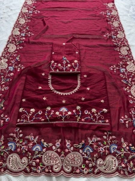 Vintage Maroon Soft Silk Saree with Embroidery Cutwork Aarco Border for Wedding Silk Sarees Wholesale