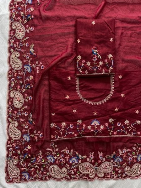 Vintage Maroon Soft Silk Saree with Embroidery Cutwork Aarco Border for Wedding Silk Sarees Wholesale