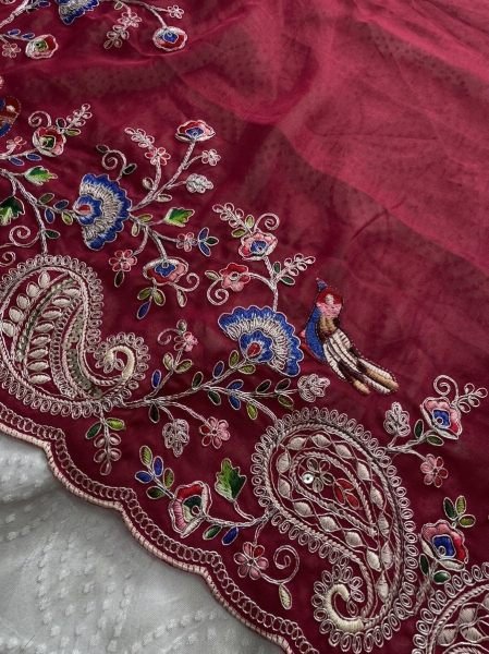 Vintage Maroon Soft Silk Saree with Embroidery Cutwork Aarco Border for Wedding Silk Sarees Wholesale