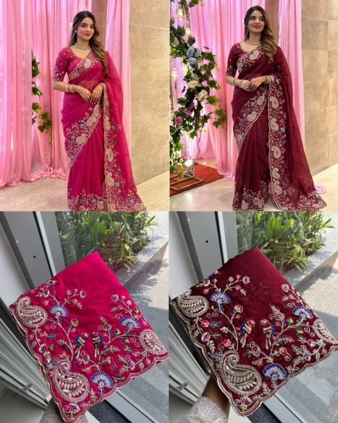 Vintage Maroon Soft Silk Saree with Embroidery Cutwork Aarco Border for Wedding Silk Sarees Wholesale