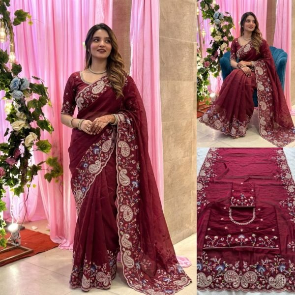 Vintage Maroon Soft Silk Saree with Embroidery Cutwork Aarco Border for Wedding Silk Sarees Wholesale