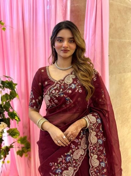 Vintage Maroon Soft Silk Saree with Embroidery Cutwork Aarco Border for Wedding Silk Sarees Wholesale