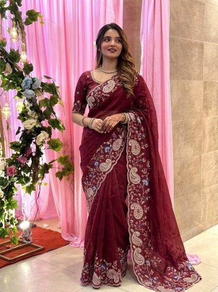 Vintage Maroon Soft Silk Saree with Embroidery Cutwork Aarco Border for Wedding Silk Sarees Wholesale