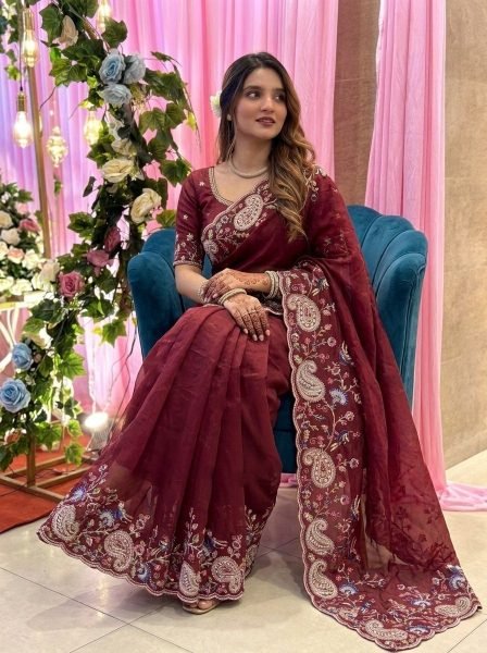 Vintage Maroon Soft Silk Saree with Embroidery Cutwork Aarco Border for Wedding Silk Sarees Wholesale