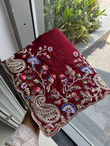 Vintage Maroon Soft Silk Saree with Embroidery Cutwork Aarco Border for Wedding Silk Sarees Wholesale
