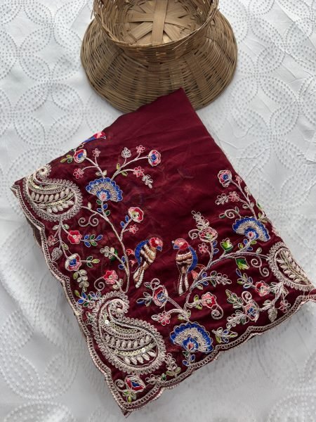 Vintage Maroon Soft Silk Saree with Embroidery Cutwork Aarco Border for Wedding Silk Sarees Wholesale