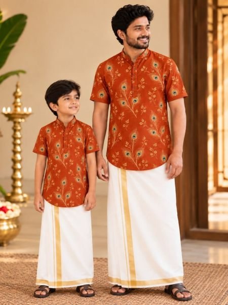 Vintage Orange Father and Son Magic Cotton Shirt with Chinese Collar at Wholesale Rate 