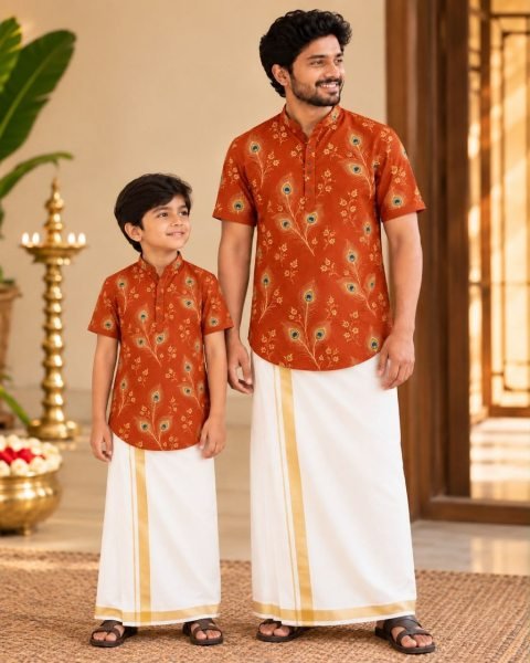 Vintage Orange Father and Son Magic Cotton Shirt with Chinese Collar at Wholesale Rate Father Son Collection 