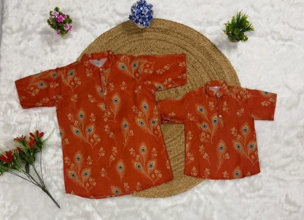 Vintage Orange Father and Son Magic Cotton Shirt with Chinese Collar at Wholesale Rate Father Son Collection 