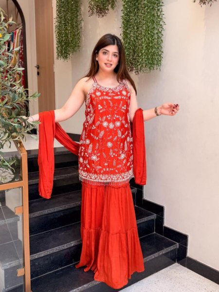 Vintage Orange Premium Chinnon Embroidered Kurti Pant Set with Designer Dupatta