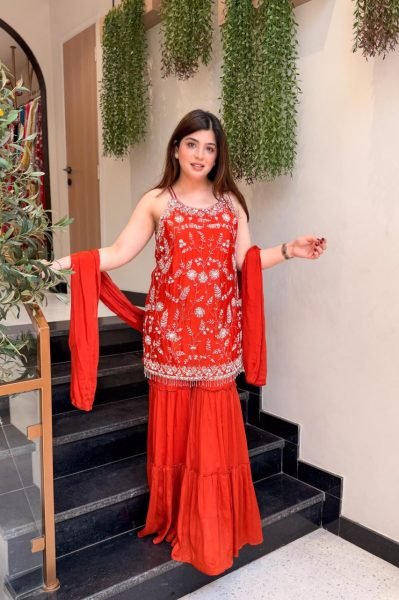 Vintage Orange Premium Chinnon Embroidered Kurti Pant Set with Designer Dupatta 3 Piece Kurti Set