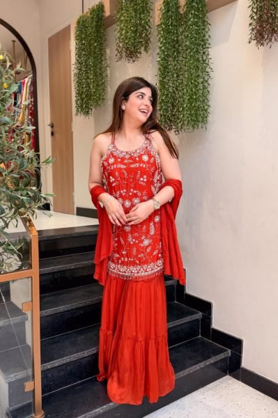 Vintage Orange Premium Chinnon Embroidered Kurti Pant Set with Designer Dupatta 3 Piece Kurti Set
