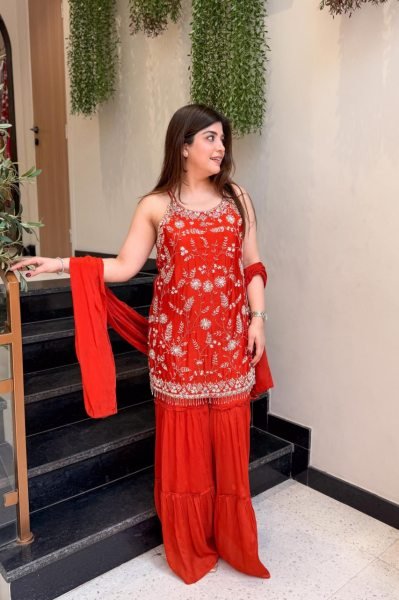 Vintage Orange Premium Chinnon Embroidered Kurti Pant Set with Designer Dupatta 3 Piece Kurti Set