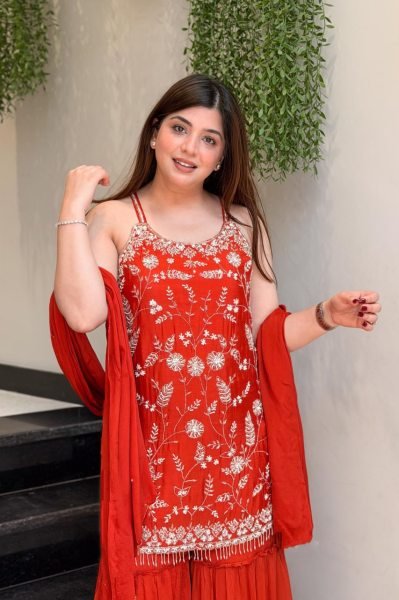 Vintage Orange Premium Chinnon Embroidered Kurti Pant Set with Designer Dupatta 3 Piece Kurti Set