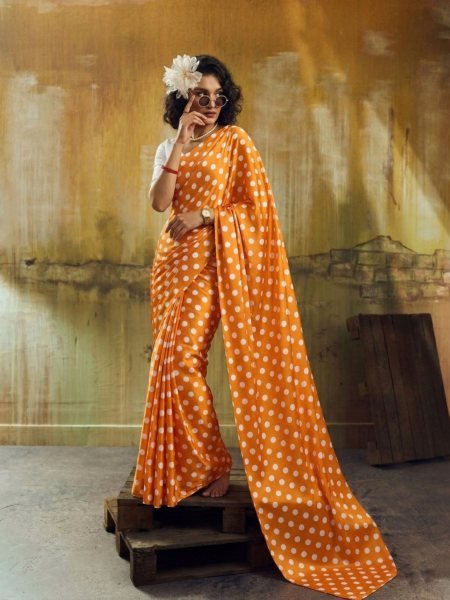Vintage Orange Printed Satin Saree for Casual and Party Wear Sarees 