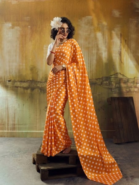 Vintage Orange Printed Satin Saree for Casual and Party Wear Bollywood Fancy Sarees Wholesale