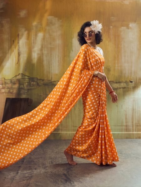 Vintage Orange Printed Satin Saree for Casual and Party Wear Bollywood Fancy Sarees Wholesale