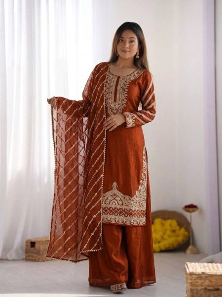 Vintage Orange Pure Fendy Silk Sharara Suit with Embroidery Work for Wedding Wear Ready To Wear Suit