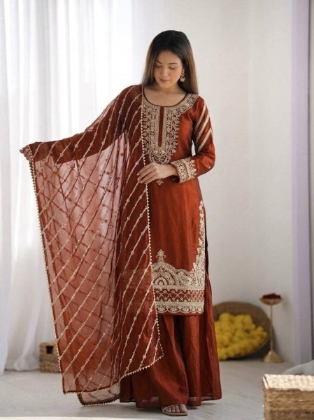 Vintage Orange Pure Fendy Silk Sharara Suit with Embroidery Work for Wedding Wear Ready To Wear Collection