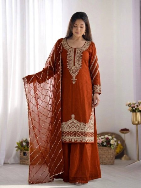 Vintage Orange Pure Fendy Silk Sharara Suit with Embroidery Work for Wedding Wear Ready To Wear Collection